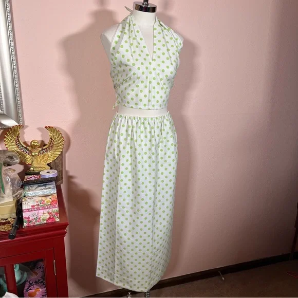Vintage 60 70 Mod MCM Polka Dot Coquette Girl Cropped Top Maxi Skirt Set Dress - Picture 4 of 17